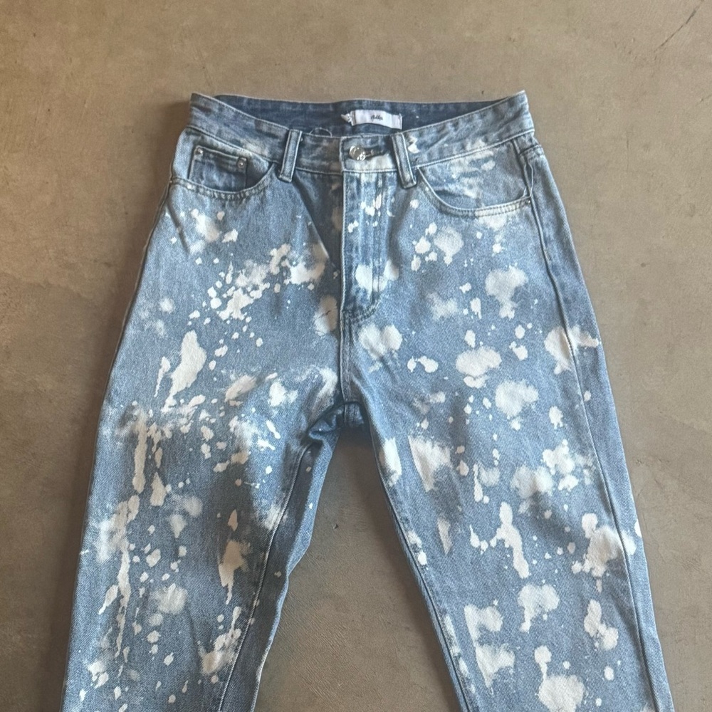 Adika High Rise Blue with Bleached White blotches women’s designer jeans (S:M)